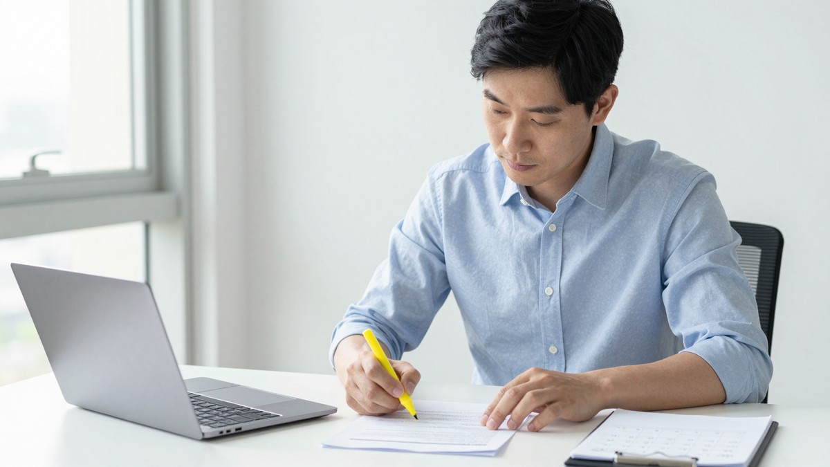 서울 사무실에서 발주 담당자가 계약서 출력물의 검사 조항에 형광펜을 긋고 달력에 날짜를 표시하는 모습