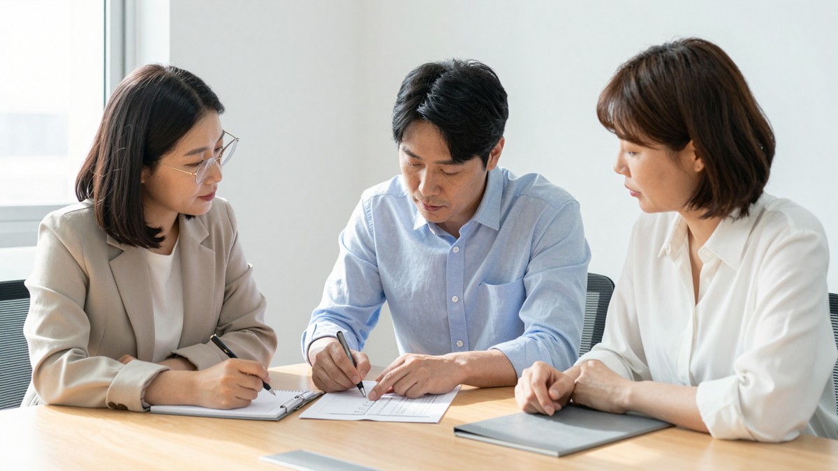 질문 체크리스트를 보며 견적 항목을 하나씩 확인하는 회의 장면