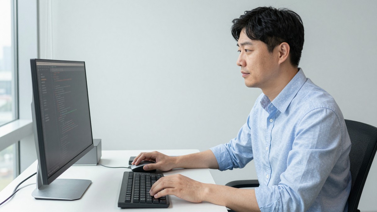 개발자의 손이 키보드 위에 있고 모니터에 API 요청과 응답 기록이 줄지어 떠 있는 장면