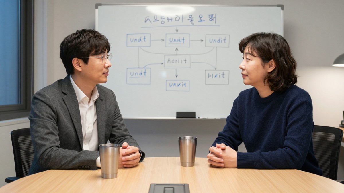 늦은 저녁 빈 회의실 화이트보드에 취소와 정정 흐름을 화살표로 그린 그림이 남아 있는 모습