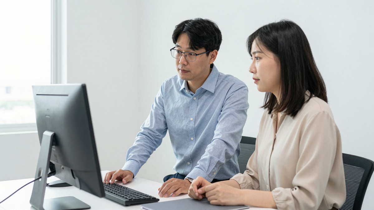 서울 사무실 회의실에서 재무 담당자가 모니터에 월별 클라우드 청구서 그래프를 띄우고 IT 팀장과 함께 들여다보는 모습