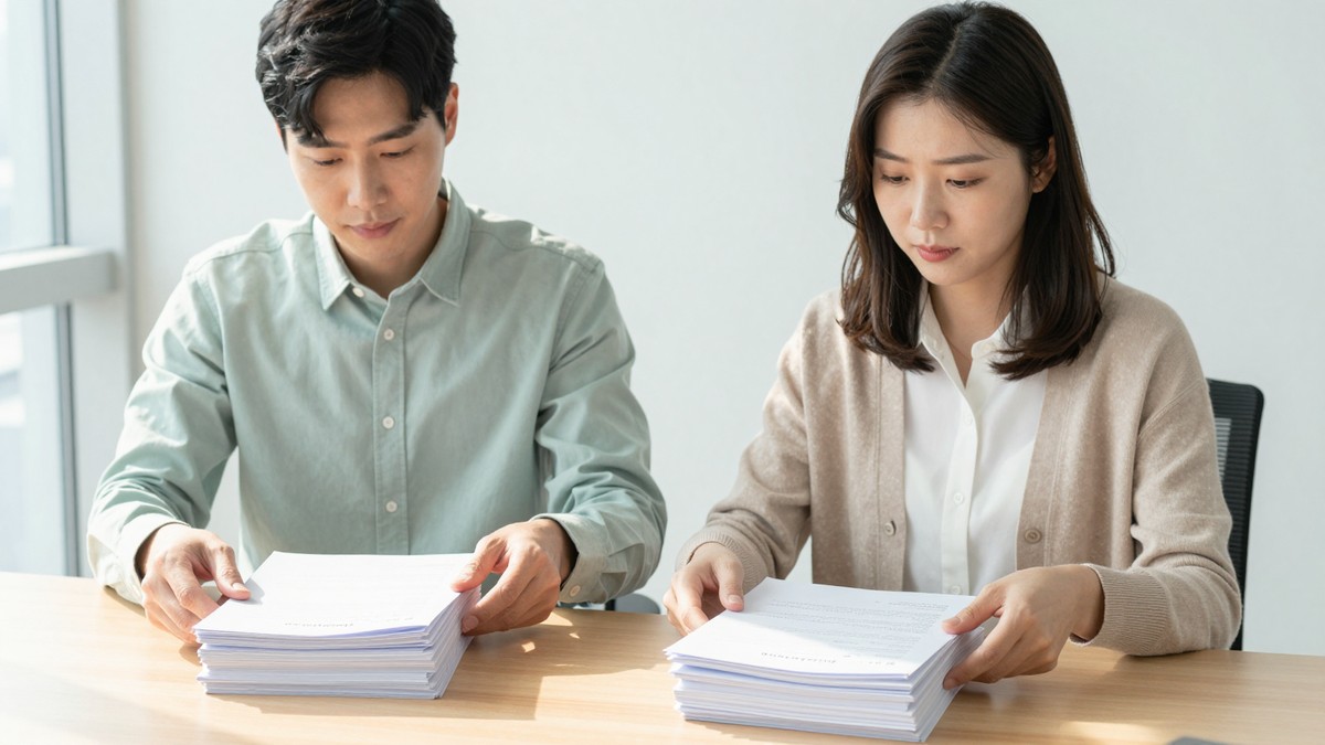 서울 오피스에서 실무자 두 명이 실제 업무 문서 묶음을 PoC용 폴더와 시연용 폴더로 나눠 담는 장면