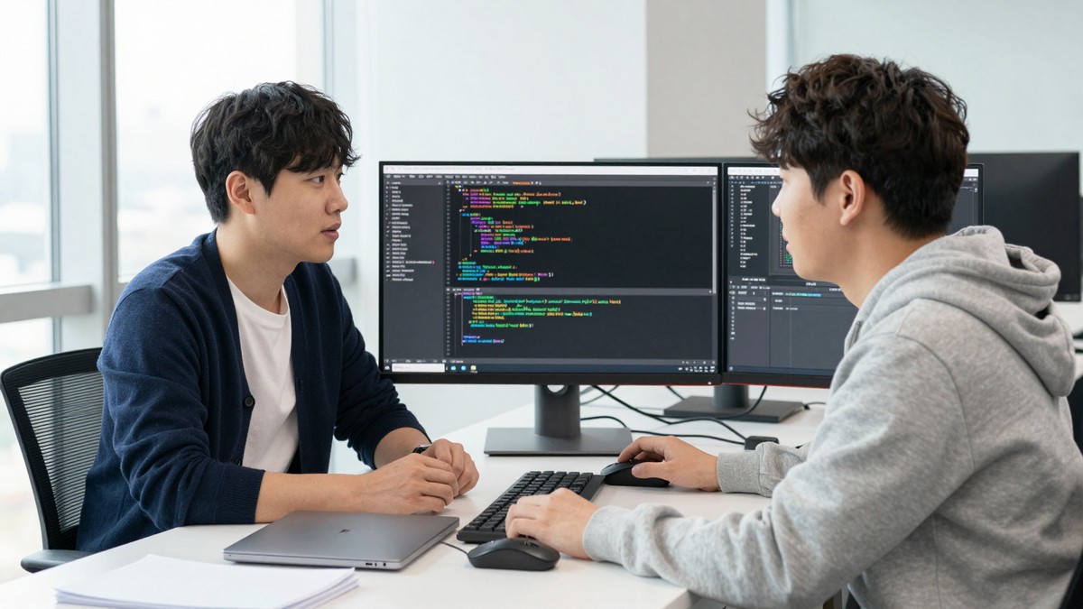 개발자 두 명이 나란히 앉아 여러 개의 터미널 창이 동시에 돌아가는 대형 모니터를 지켜보는 장면