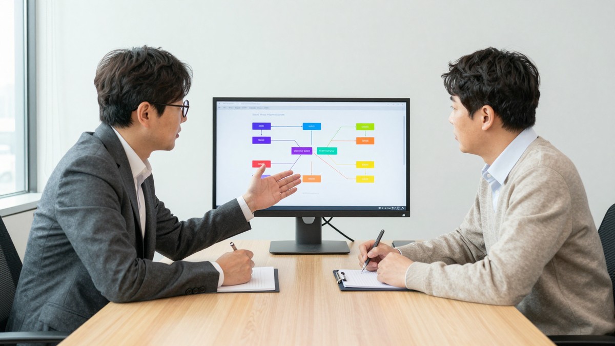 재무 담당자와 IT 팀장이 모니터의 표를 사이에 두고 구독료 줄과 운영 인력 줄을 번갈아 가리키는 모습