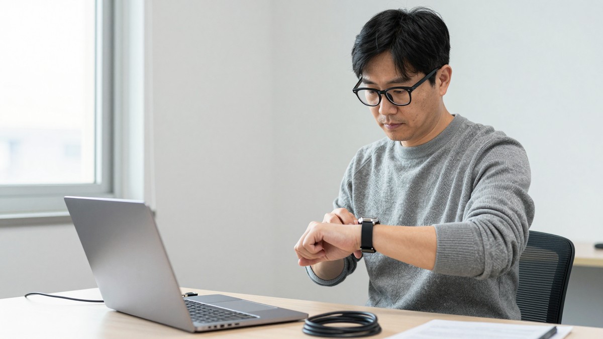작은 테스트실에서 회색 니트를 입은 50대 남성 개발 책임자가 랜선을 뽑아 둔 노트북 옆에 서서 손목시계를 확인하는 모습, 노트북은 카메라 반대쪽을 향해 있음