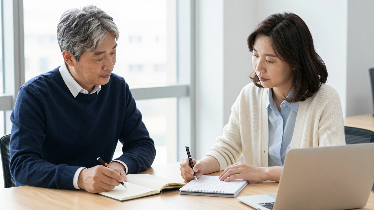 책상 위에 열린 노트와 펜, 작은 달력이 놓인 장면