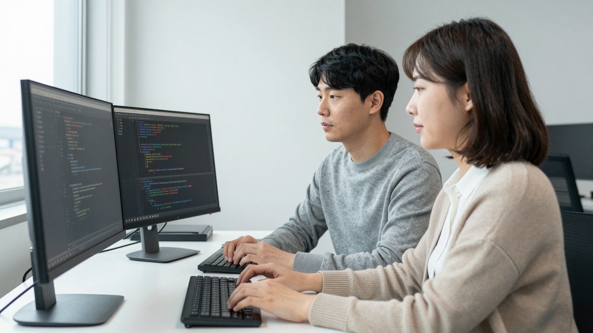개발자와 운영 담당자가 모니터 두 대에 로그 화면과 청구서 화면을 띄워 놓고 항목을 확인하는 모습