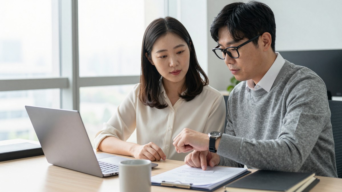 서울 사무실에서 마케팅 담당자가 모니터 앞에 쌓인 고객 의견 목록을 훑어보고 있고 옆 동료가 시계를 바라보는 모습