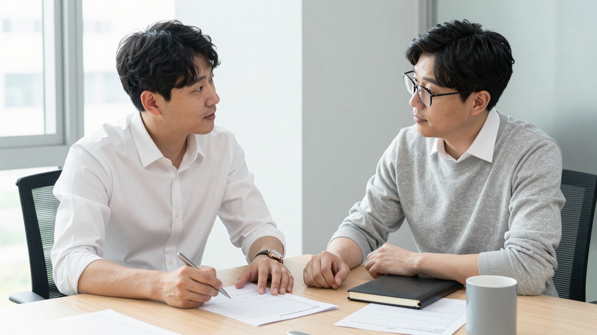 외주 개발사 담당자와 발주 담당자가 견적서 출력본을 사이에 두고 검수 기준 항목에 밑줄을 긋는 모습