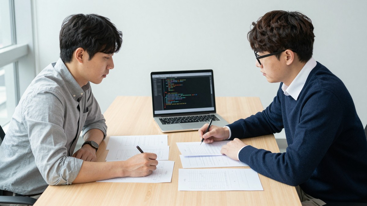 여러 업체의 견적서를 나란히 펼쳐 항목을 대조하는 모습