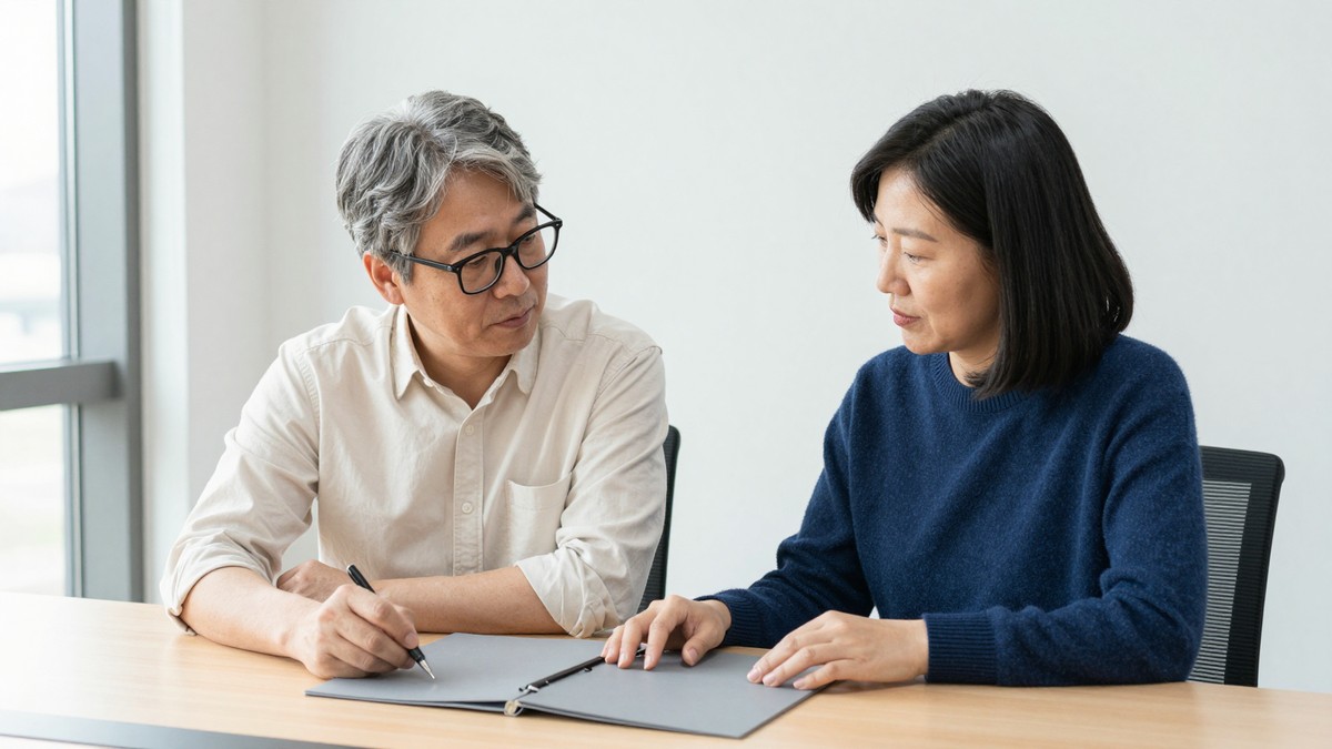 계약서의 수정 범위 조항을 함께 읽으며 확인하는 두 사람