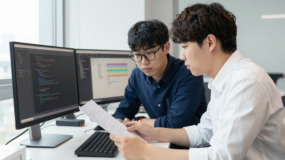 개발자 두 명이 한 모니터에서 프레임워크 버전 업그레이드 안내 문서를 읽고 옆 화면의 빌드 오류 목록을 함께 확인하는 장면