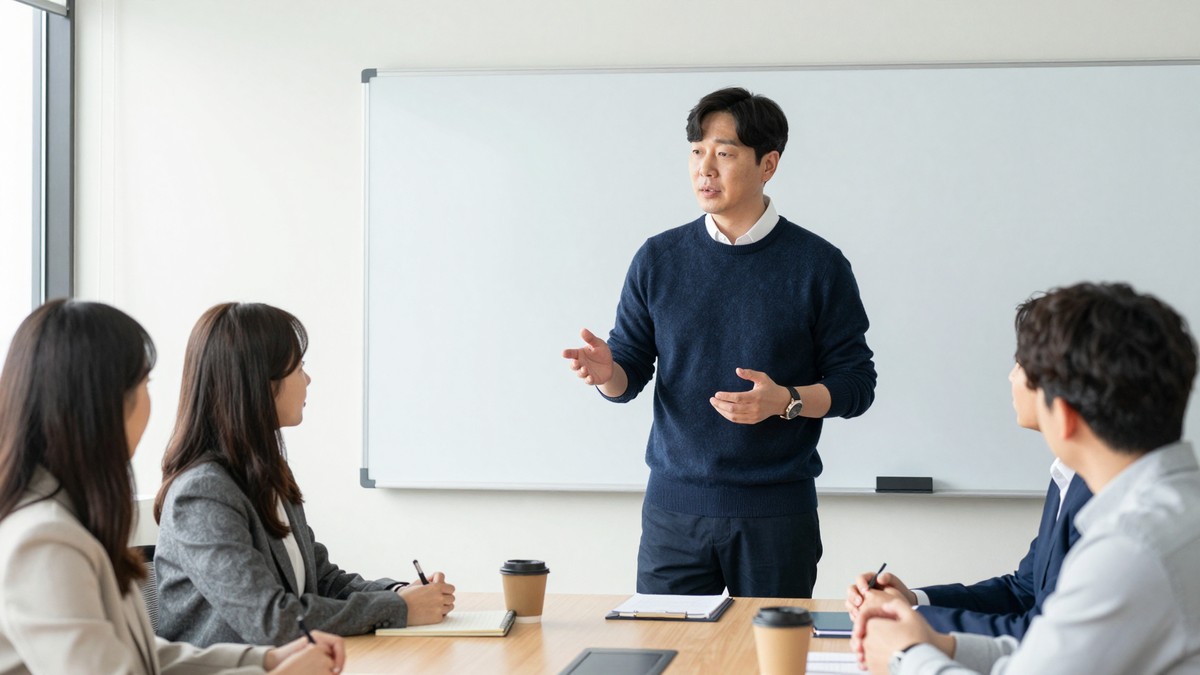 개발팀 회의실에서 PM이 '조직 개편 때 진행 중 문서는?'이라고 적힌 화이트보드 앞에서 질문하는 모습