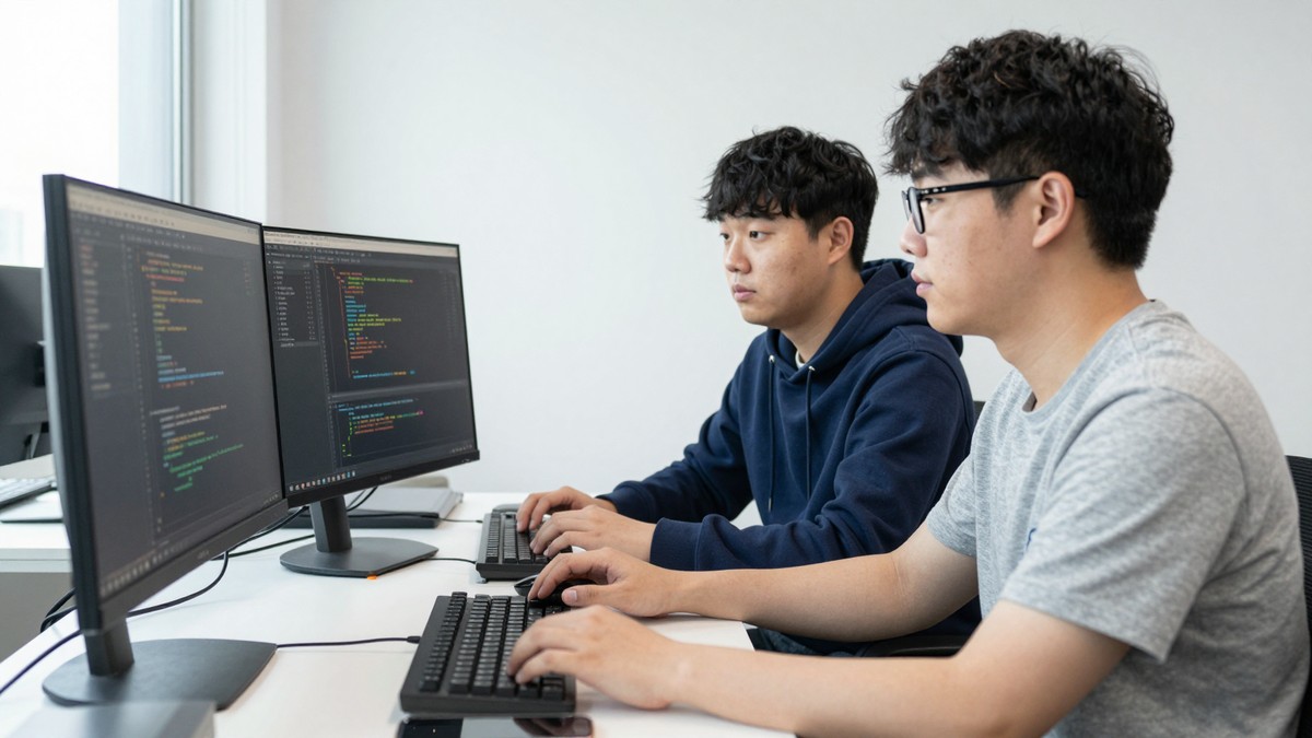 개발자 두 명이 모니터 앞에서 기존 코드와 새로 짠 코드를 나란히 띄워 놓고 사이니지 재생 테스트를 하는 장면