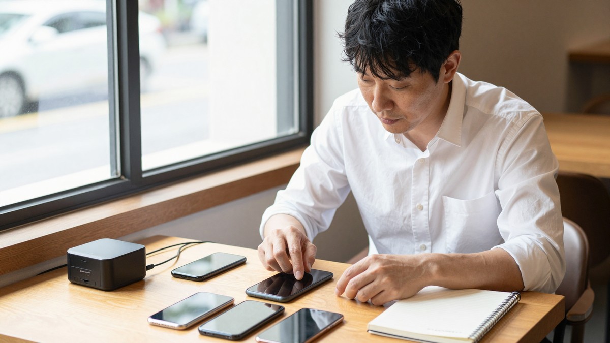 카페 테이블 위에서 여러 대의 스마트폰과 소형 인스턴트 프린터를 블루투스로 차례로 연결해 보는 테스트 장면
