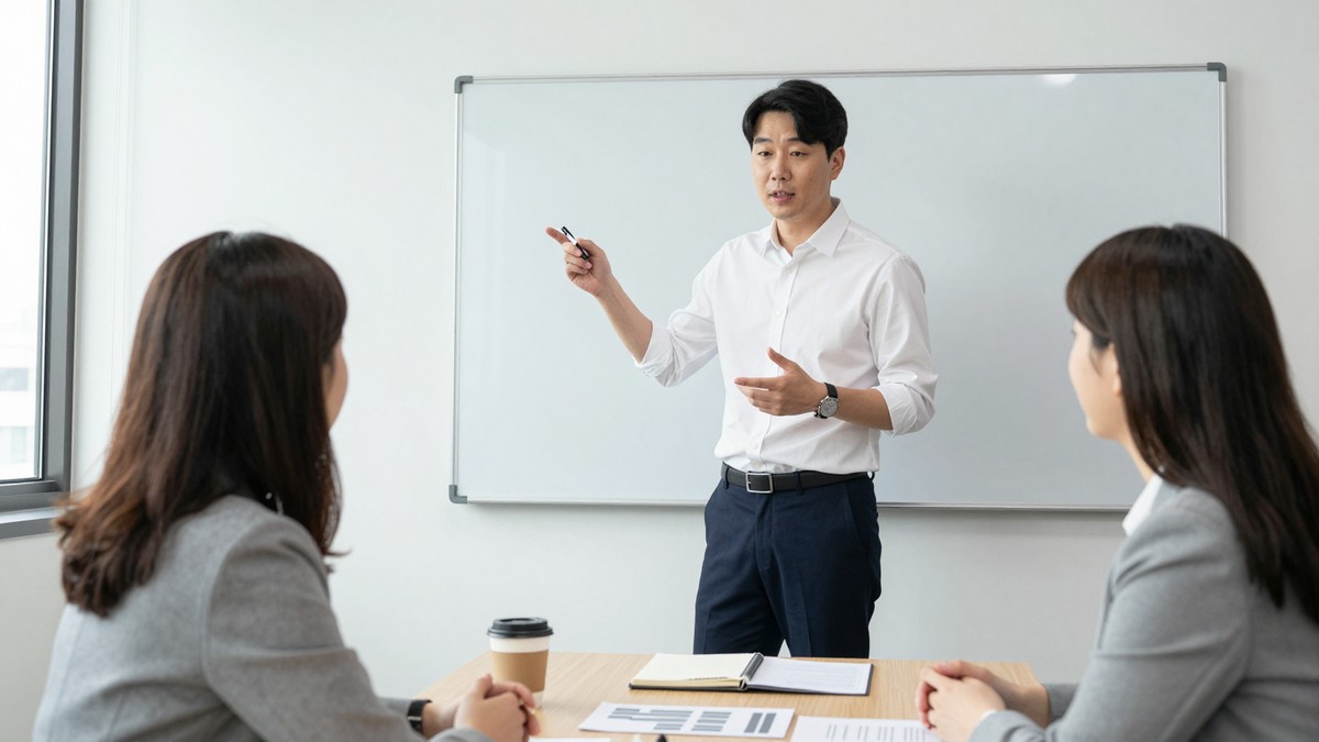 개발사 회의실에서 PM이 화이트보드에 '어디서·몇 대·어떤 기기'라고 적고 발주 담당자에게 질문하는 첫 상담 장면