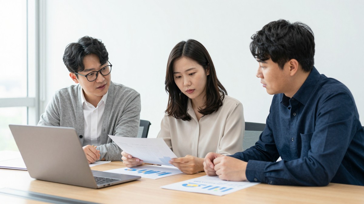 소규모 시험 도입 결과를 지표로 검토하는 회의 장면