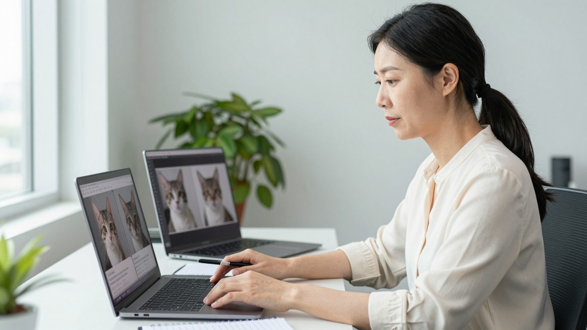 노트북 화면을 세 칸으로 나눠 같은 고양이 사진에 네모 상자, 윤곽선, 픽셀 색칠을 각각 해 놓은 비교 화면