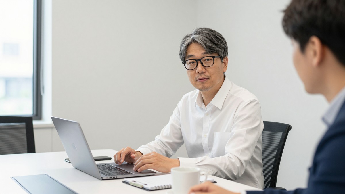 자체 서비스 운영팀이 모니터에 오픈 뒤 수정 이력 목록을 띄워 놓고 발주 담당자에게 설명하는 회의 장면