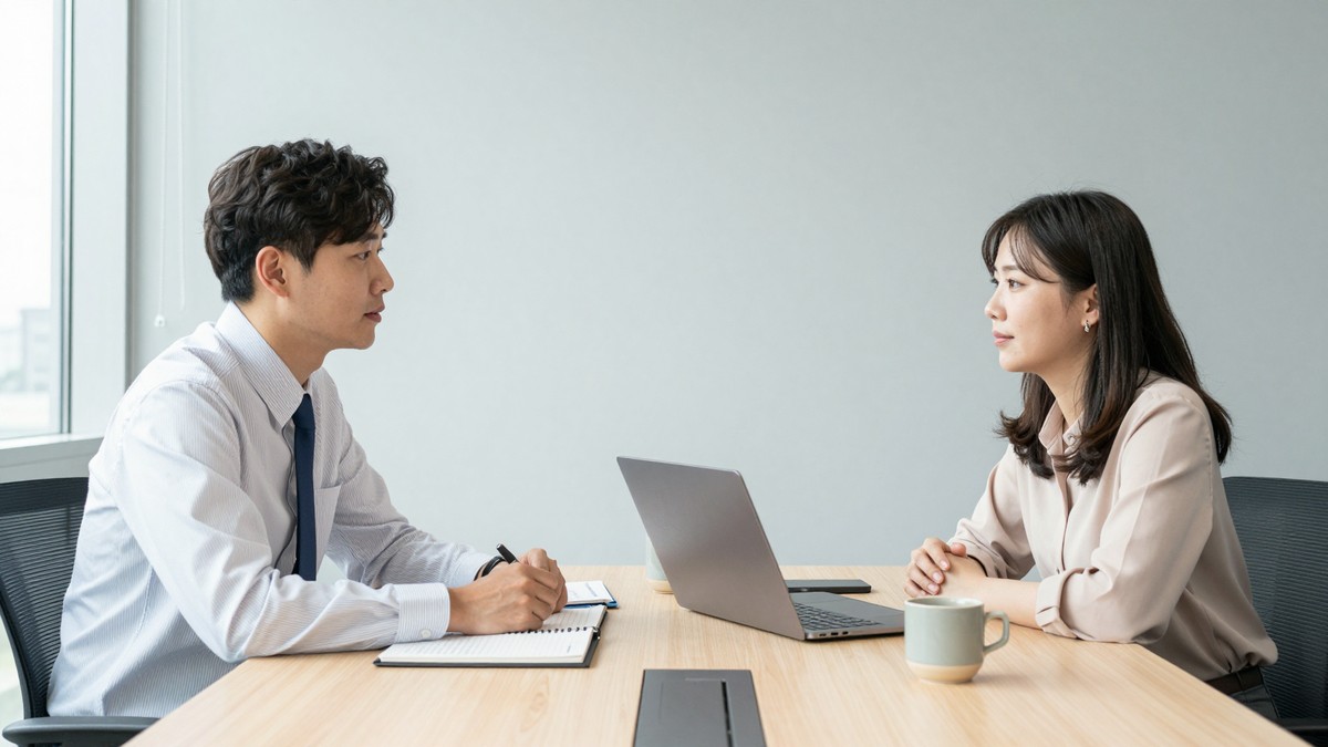 외주 개발사 회의실에서 40대 PM이 발주사 담당자와 테이블을 사이에 두고 진행 순서를 이야기하는 장면