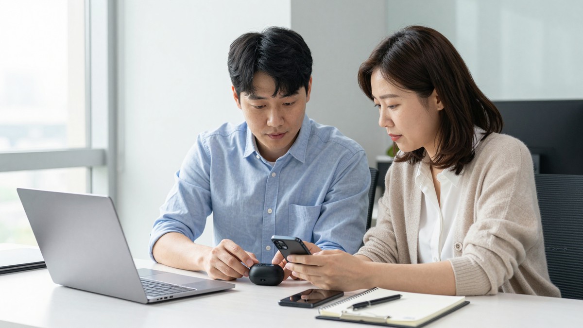 블루투스로 연결되는 소형 기기와 스마트폰을 책상 위에 놓고 살펴보는 모습