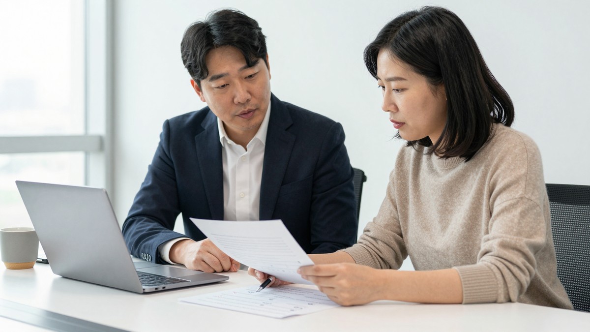 앱 개발 비용 범위와 일정을 정리한 표를 함께 보며 상의하는 두 사람