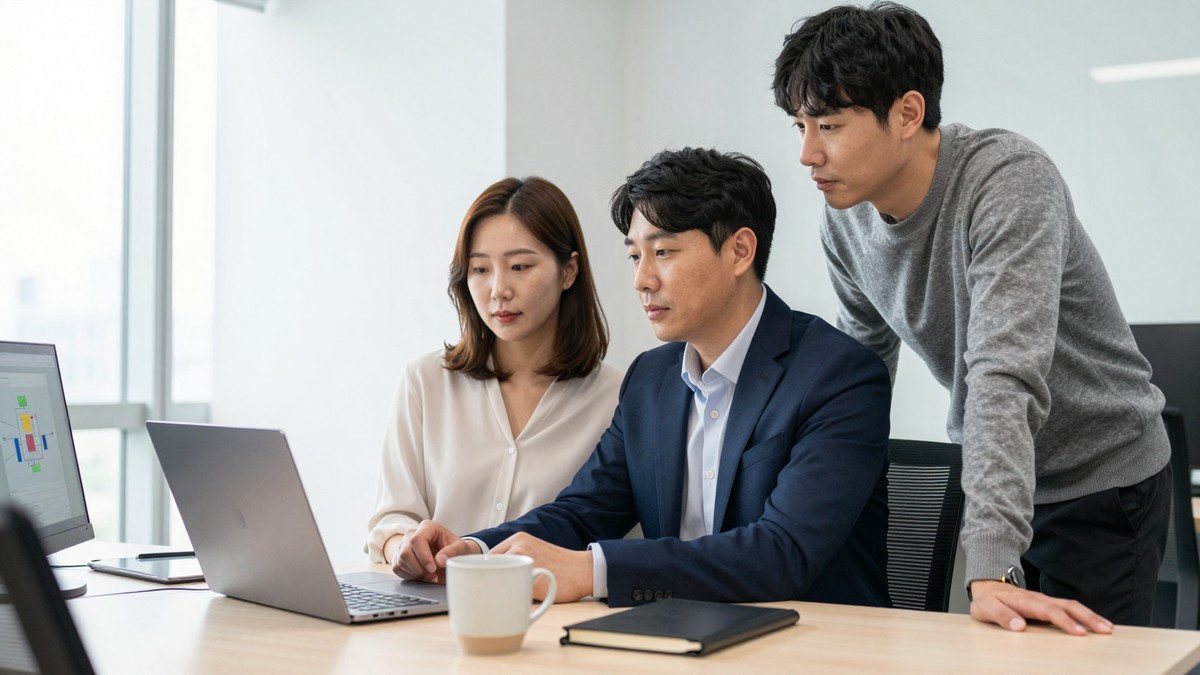 여러 업무 화면이 하나로 연결되는 모습을 지켜보는 기업 실무자