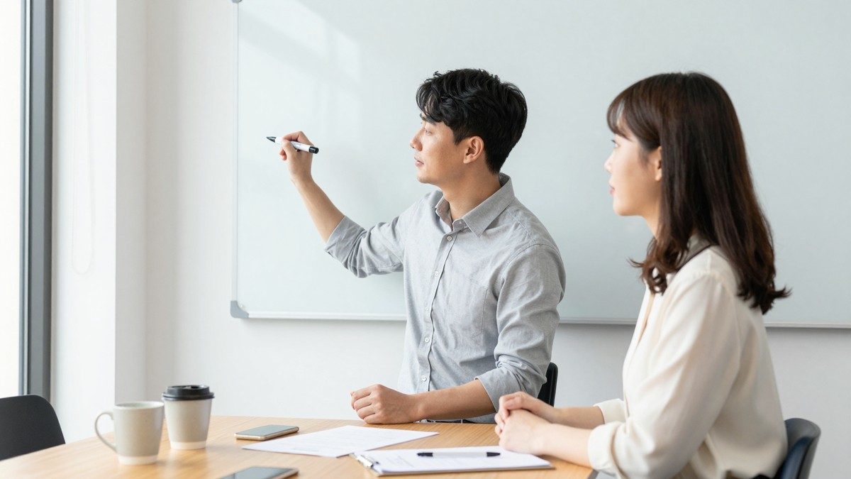 반복 업무와 판단 업무를 칠판에 나눠 적는 실무자들