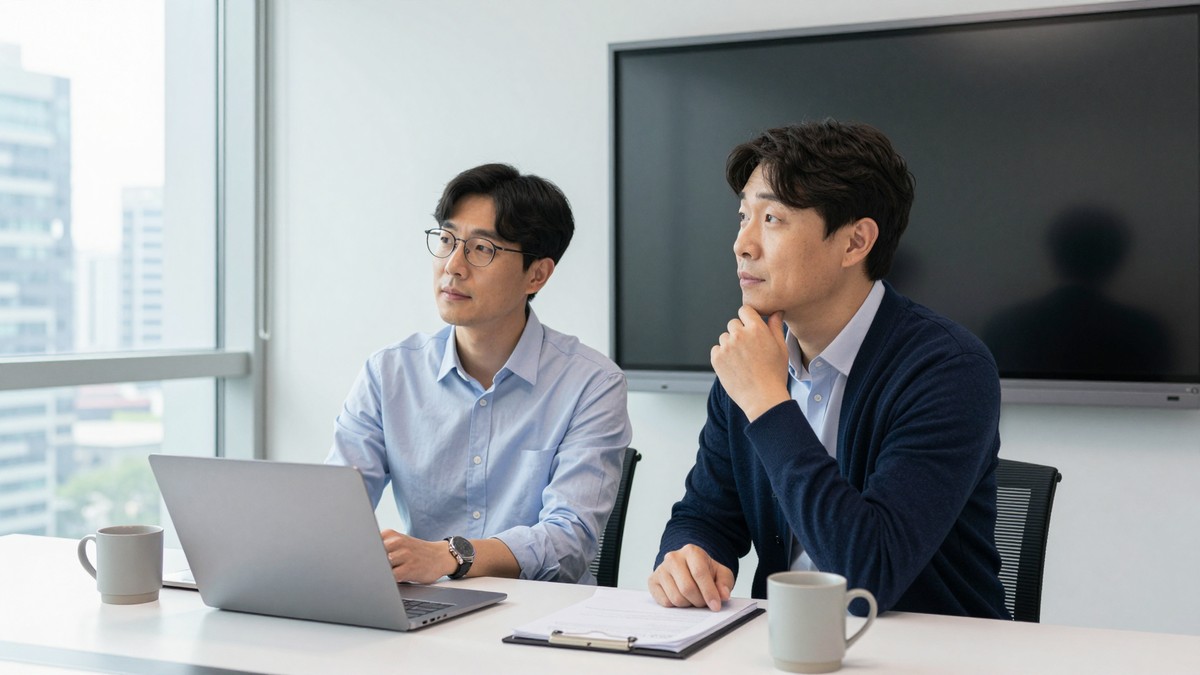 서울 오피스 회의실에서 직원들이 대형 화면의 그래프를 보며 이야기하는 모습