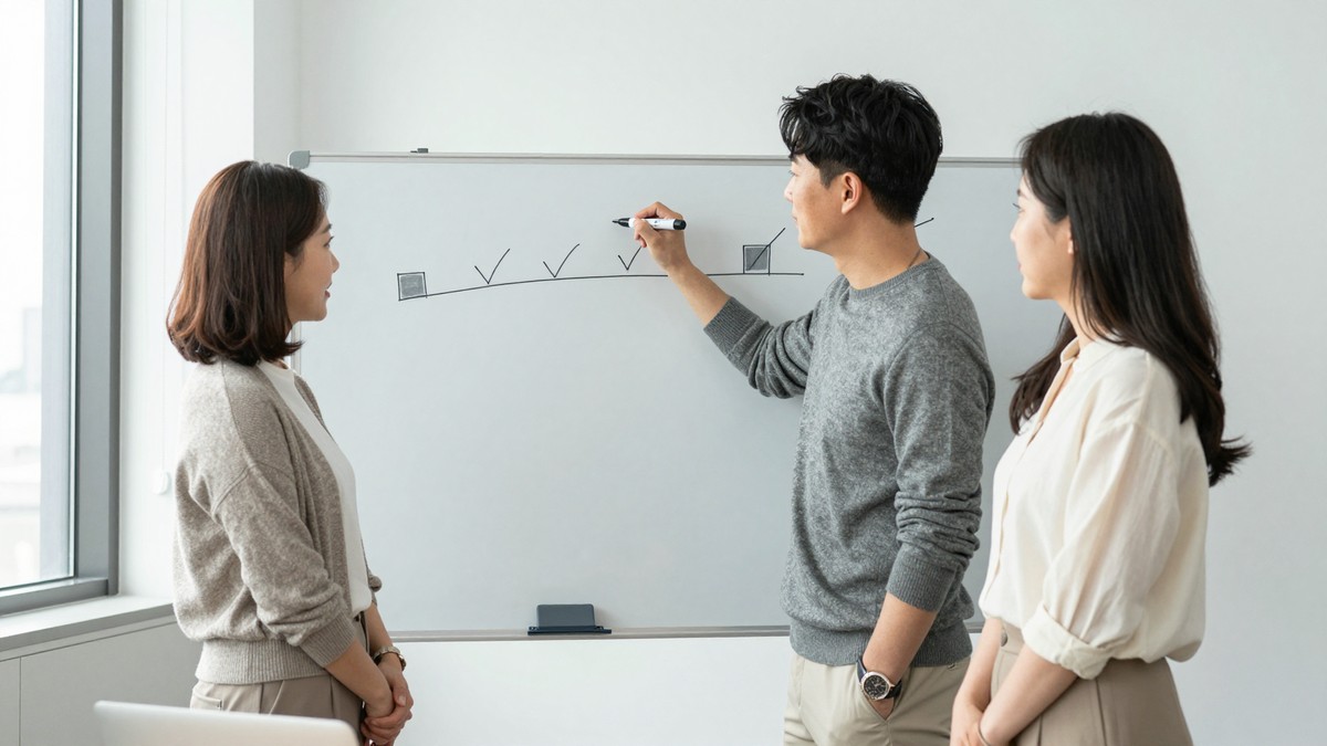 작은 화이트보드에 업무 흐름을 한 줄로 적어 둔 모습