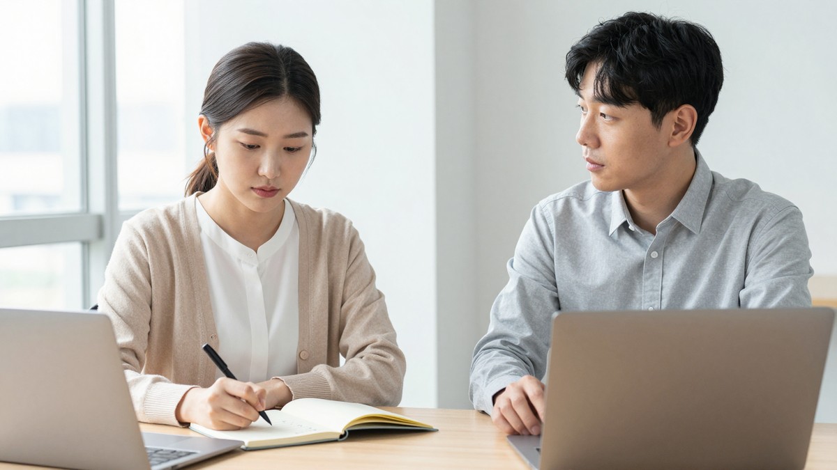 책상 위 노트에 질문 세 가지를 적어 둔 모습