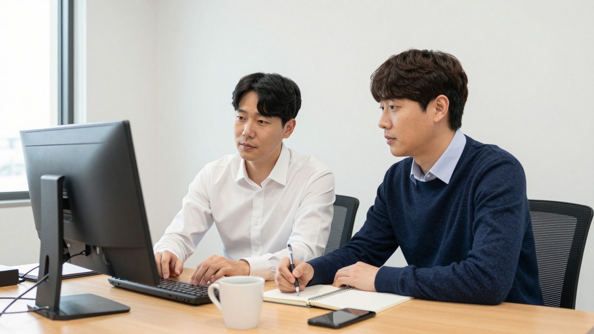 대시보드 앞에서 성과 지표를 함께 점검하는 두 사람