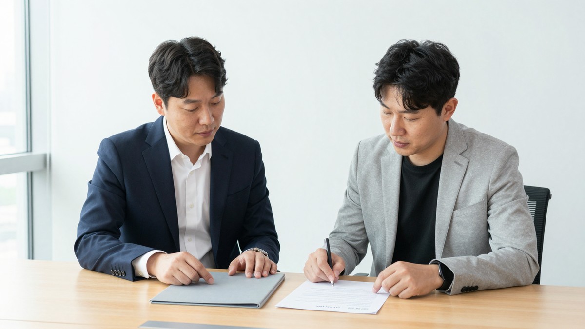 계약서 초안을 놓고 단계별 산출물과 검수 일정을 짚어 보는 발주사와 개발사 담당자