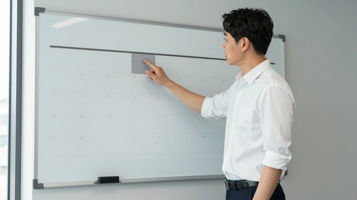 프로젝트 매니저가 벽에 붙은 일정표에서 검수 완료일과 오픈일 사이의 간격을 손가락으로 짚는 장면