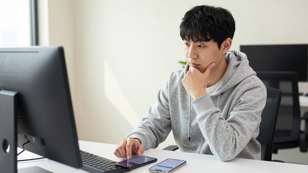개발자가 책상에서 휴대폰 두 대를 나란히 놓고 운영체제 버전이 다른 두 화면에서 같은 앱의 동작을 비교하는 장면