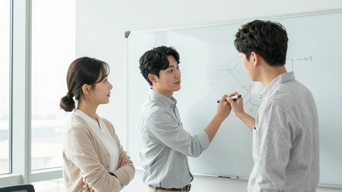 가상 환경이 실시간으로 생성되는 월드 모델 화면을 살펴보는 연구자