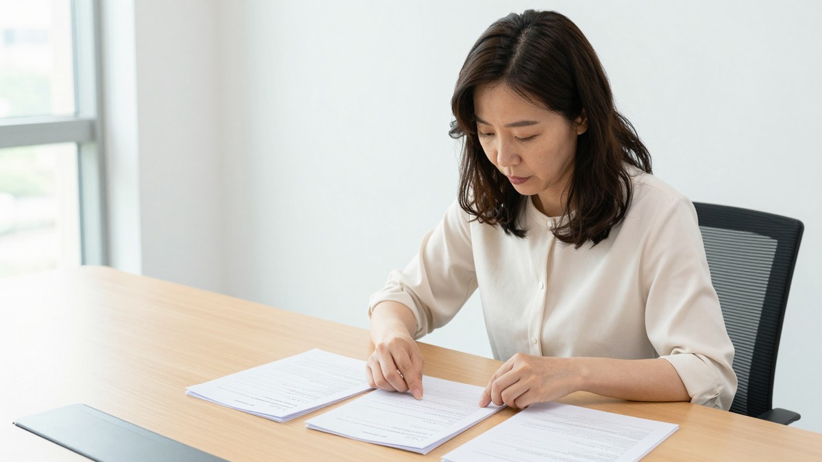 병원 홍보 담당자가 회의 테이블에 진료과별 소개 원고 출력물을 과마다 한 묶음씩 늘어놓고 분량을 세는 모습