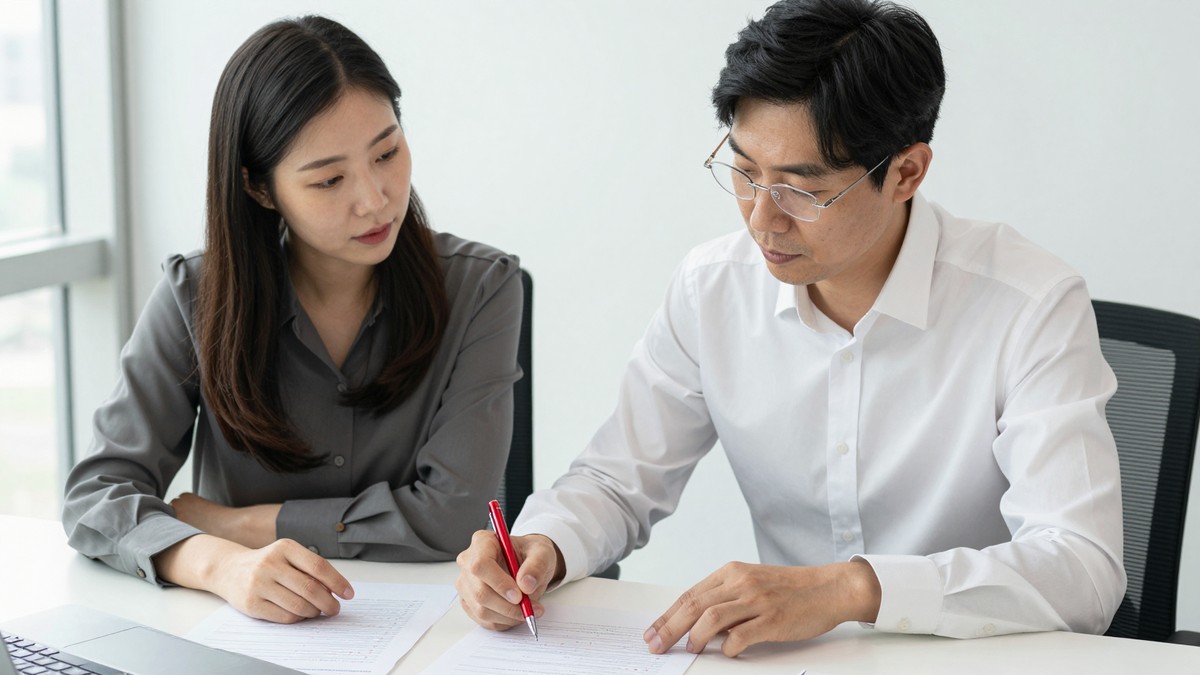 법무 담당자와 디자이너가 모니터의 시술 안내 시안을 사이에 두고 문구에 빨간 표시를 해 가며 검토하는 모습