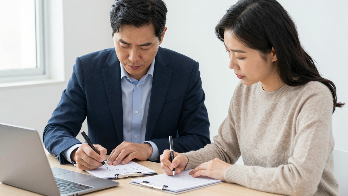 의원 상담실에서 원장과 실장이 노트에 여섯 줄짜리 목록을 적고 항목마다 동그라미와 가위표를 표시하는 모습