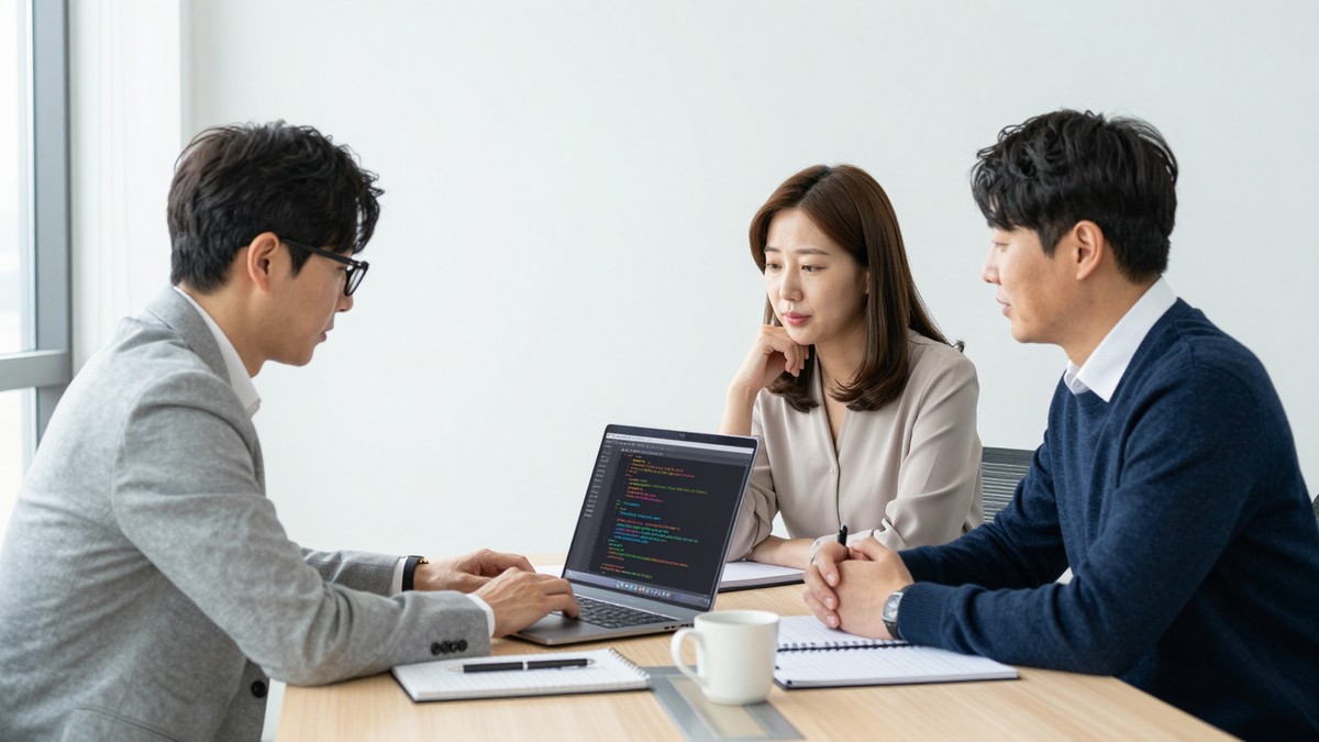자체 서비스 운영팀이 회의실에서 한 달 동안 들어온 수정 요청 목록을 화면에 띄우고 반복되는 항목을 묶어 보는 모습