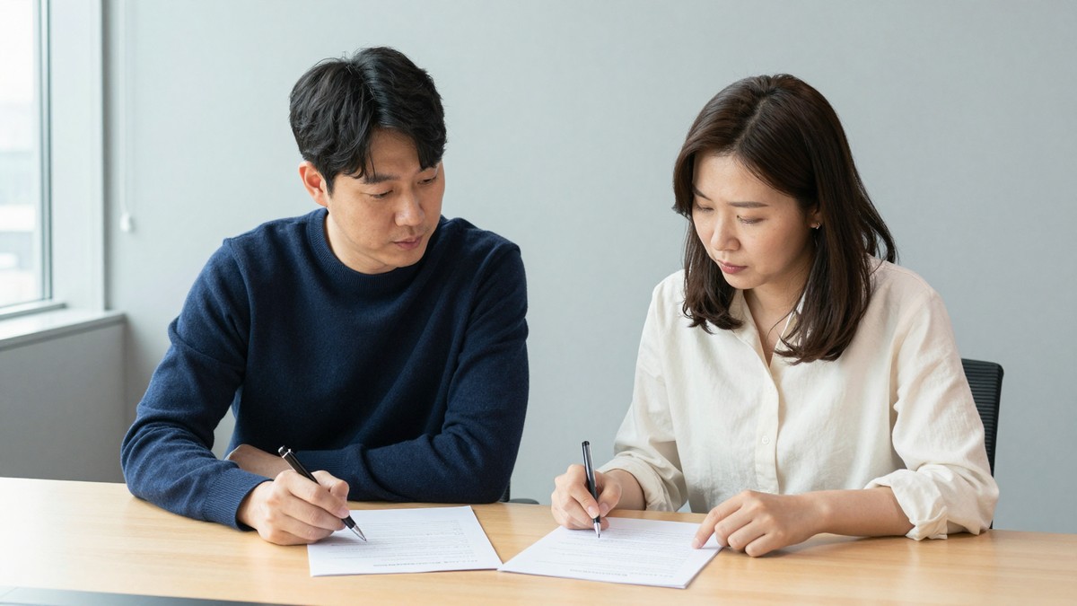 제안서 문구와 계약 조항을 나란히 대조하며 검토하는 발주 담당자