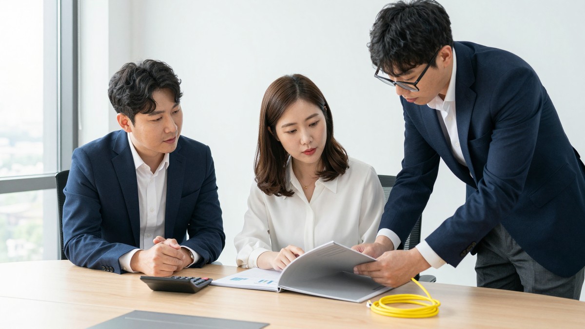 회의 테이블 위에 덮인 회색 서류철과 계산기, 둘둘 감아 묶은 랜선 한 묶음이 나란히 놓인 장면