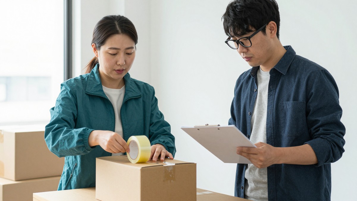 포장대 앞에서 상품 상자에 테이프를 붙이며 출고를 준비하는 작은 온라인 쇼핑몰 운영자