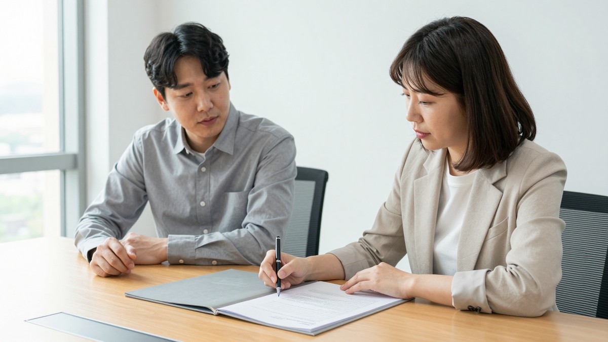 회의 테이블에 덮어 둔 회색 서류철 위에서 만년필 뚜껑을 닫는 손