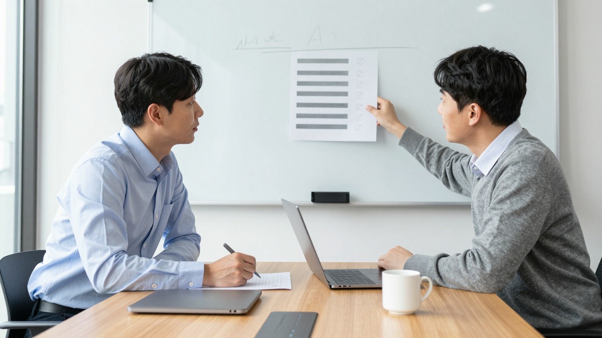 재무 담당자와 IT 기획자가 회의실 화이트보드에 구축, 연동, 운영 세 칸을 그리고 견적서 항목을 하나씩 옮겨 적는 장면