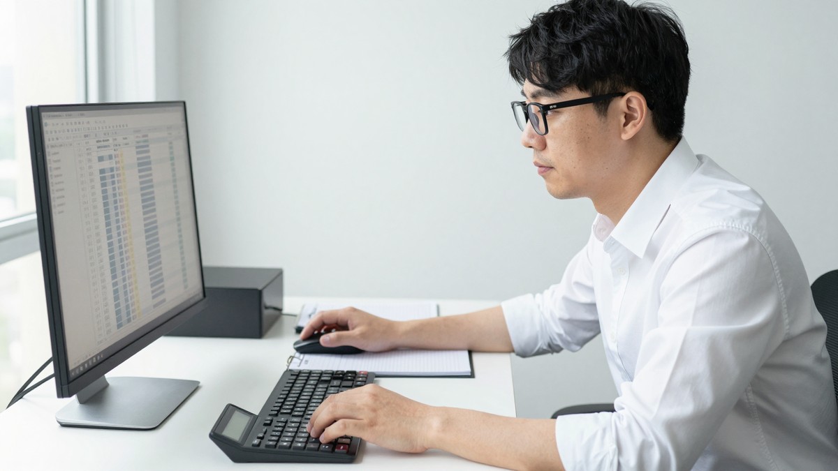데이터 엔지니어가 모니터의 계산 시트에 문서 쪽수와 토큰 수, 단가를 입력하고 결과 칸의 아주 작은 금액을 보며 고개를 갸웃하는 모습