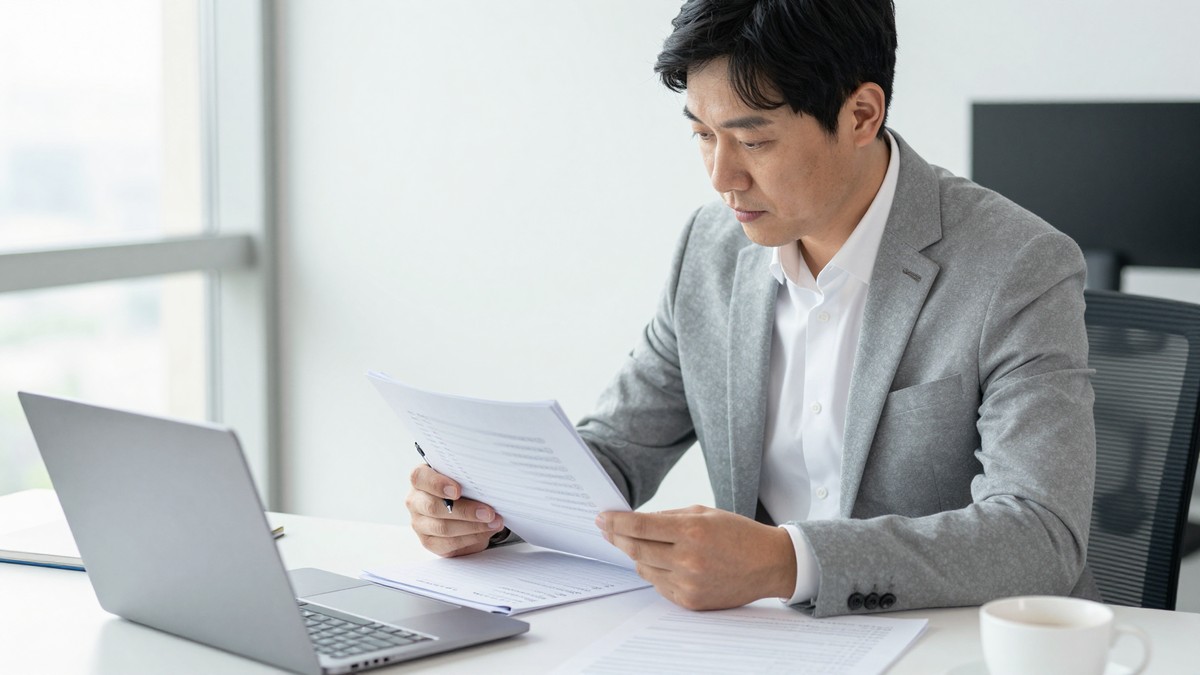 IT 기획자가 사내 공유 드라이브 폴더 목록을 출력해 문서 종류별로 개수와 담당 부서를 표에 적어 넣는 장면