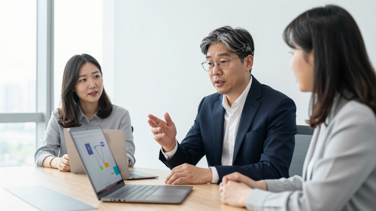 개발사 회의실에서 PM이 발주 담당자에게 투입 인력 표를 화면에 띄워 놓고 역할별 담당자를 설명하는 장면