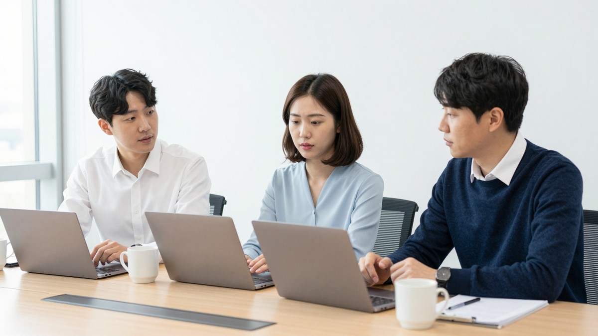 여러 클라우드 서비스 화면을 띄워 놓고 회의하는 서울 오피스의 실무자들