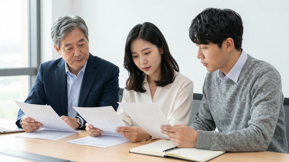 여러 비용 항목이 적힌 자료를 짚어가며 예산을 검토하는 모습